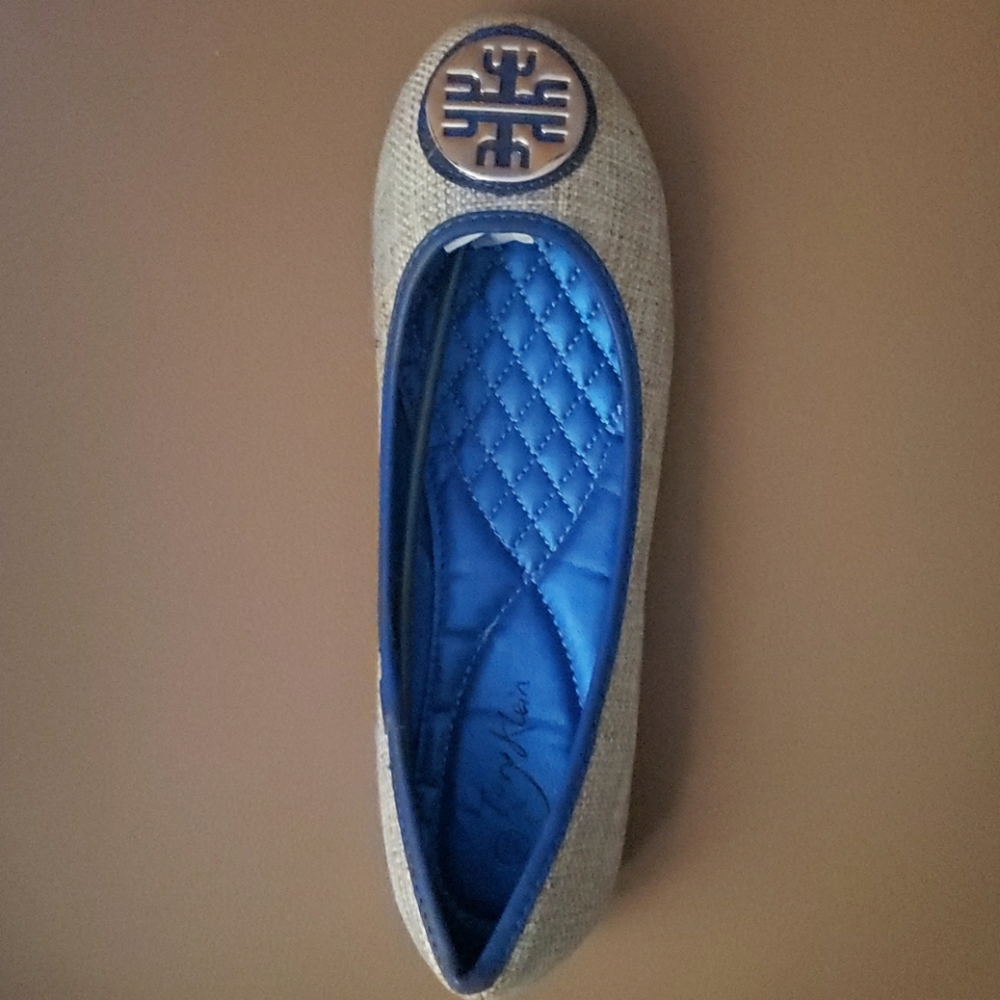 Women Buckle Flats, Beige & Royal Blue, b-1361